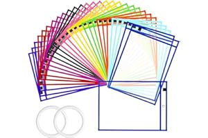 EEHZTSI 30 Packs Dry Erase Pocket Sleeves with 2-Ring, Reusable Clear Plastic Classroom Sleeves, 10x14 Inch Ticket Holders, for School/Office Organization, Assorted