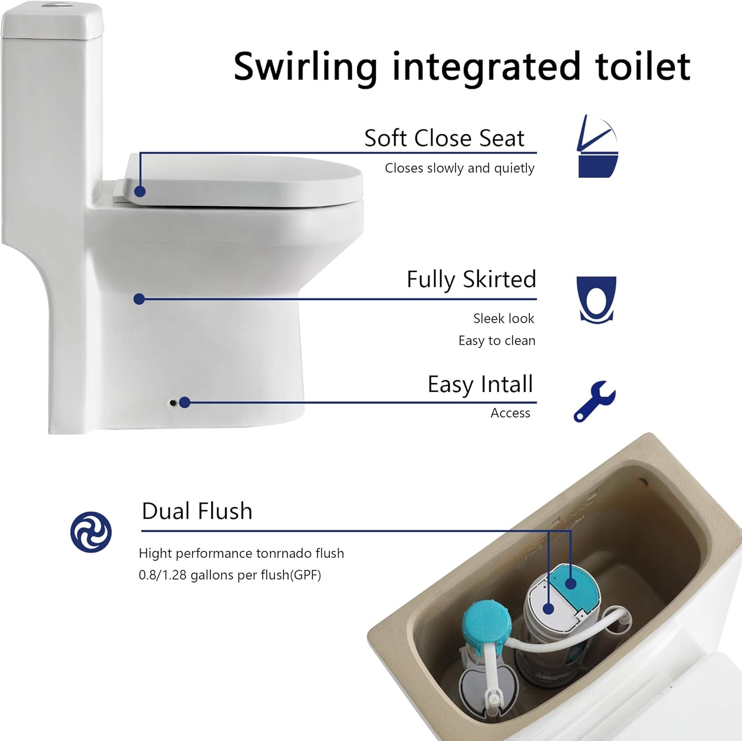 DeerValley DV-1F52813 Small Compact Dual-Flush Elongated One-Piece Toilet, Space Saver Commode designed for Water Closet, Soft Closing Seat Included, High-Efficiency WaterSense Cotton White - - 