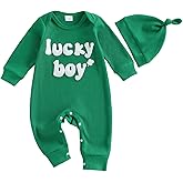 DSOKUHIB Newborn Baby Boy St Patricks Day Outfit Lucky Boy Clover Embroidered Romper Waffle Long Sleeve Jumpsuit with Hat Set
