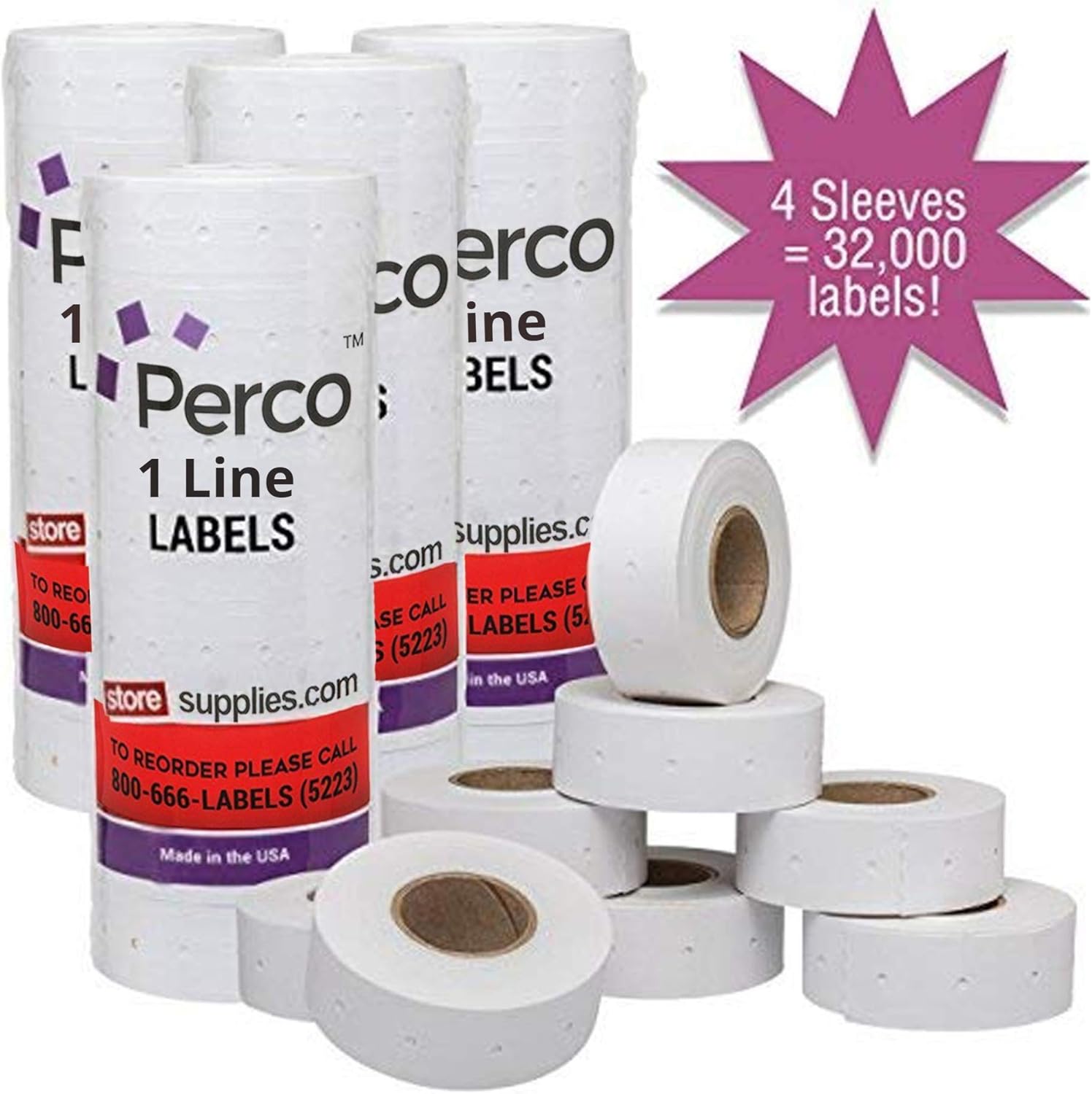 Perco 1 Line White Labels - 4 Sleeve, 32, 000 Blank Pricing Labels for Perco 1 Line Price and Date Guns - Bonus Ink Roll : Office Products