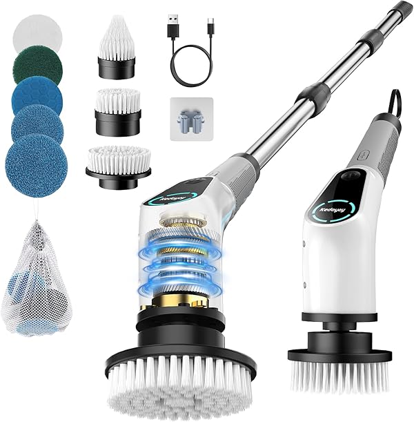 Elektrische Reinigungsbürste, 8 in 1 Electric Cleaning Brush mit austauschbaren Bohrbürstenköpfen, Wanne mopSet, Elektrische Putzbürste mit Verstellbarem Griff für Bad Küche Auto Fußboden