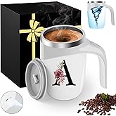 Initial Magnetic Stirring Coffee Mug with Lid Handle Insulated Stainless Steel Spill Leak Proof Heavy Large Reusable Thermal Travel Tea Cup Camping Big Water Tumbler Automatic Self Electric Mixing,A