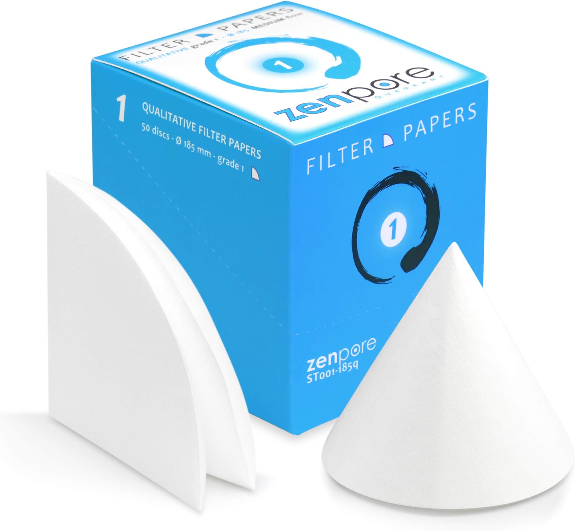 Qualitative Filter Paper 18.5 cm Quadrant Folded Filter Paper, Qualitative Grade 1 - ZENPORE Medium Flow 185 mm (50 Discs)