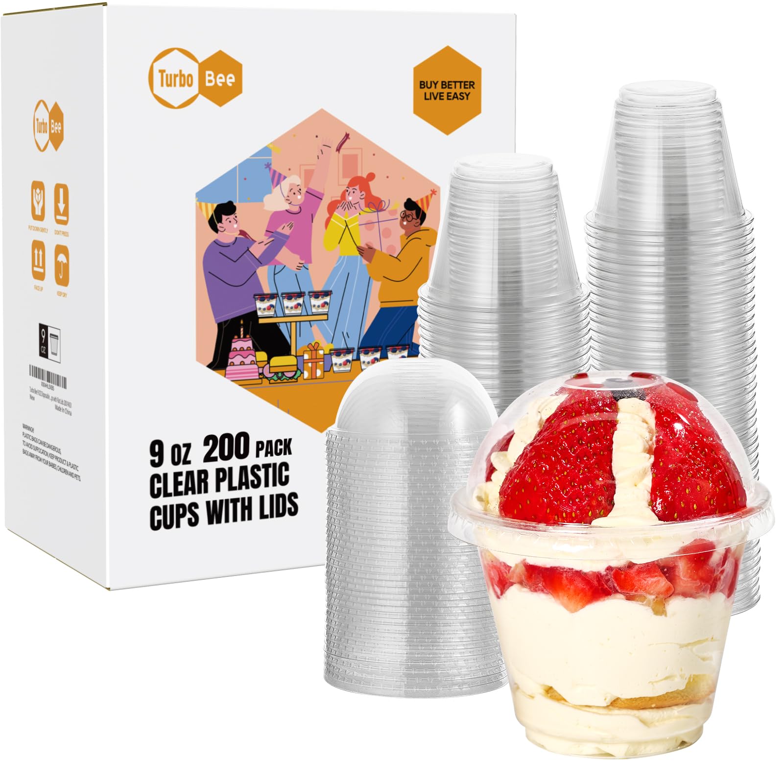 Photo 1 of Turbo Bee 200 Pack 9 OZ Clear Plastic Cups with Dome Lids, Disposable Dessert Cups with Lids for Fruit, Snack Smoothie, Pudding and Ice Cream (No Hole)