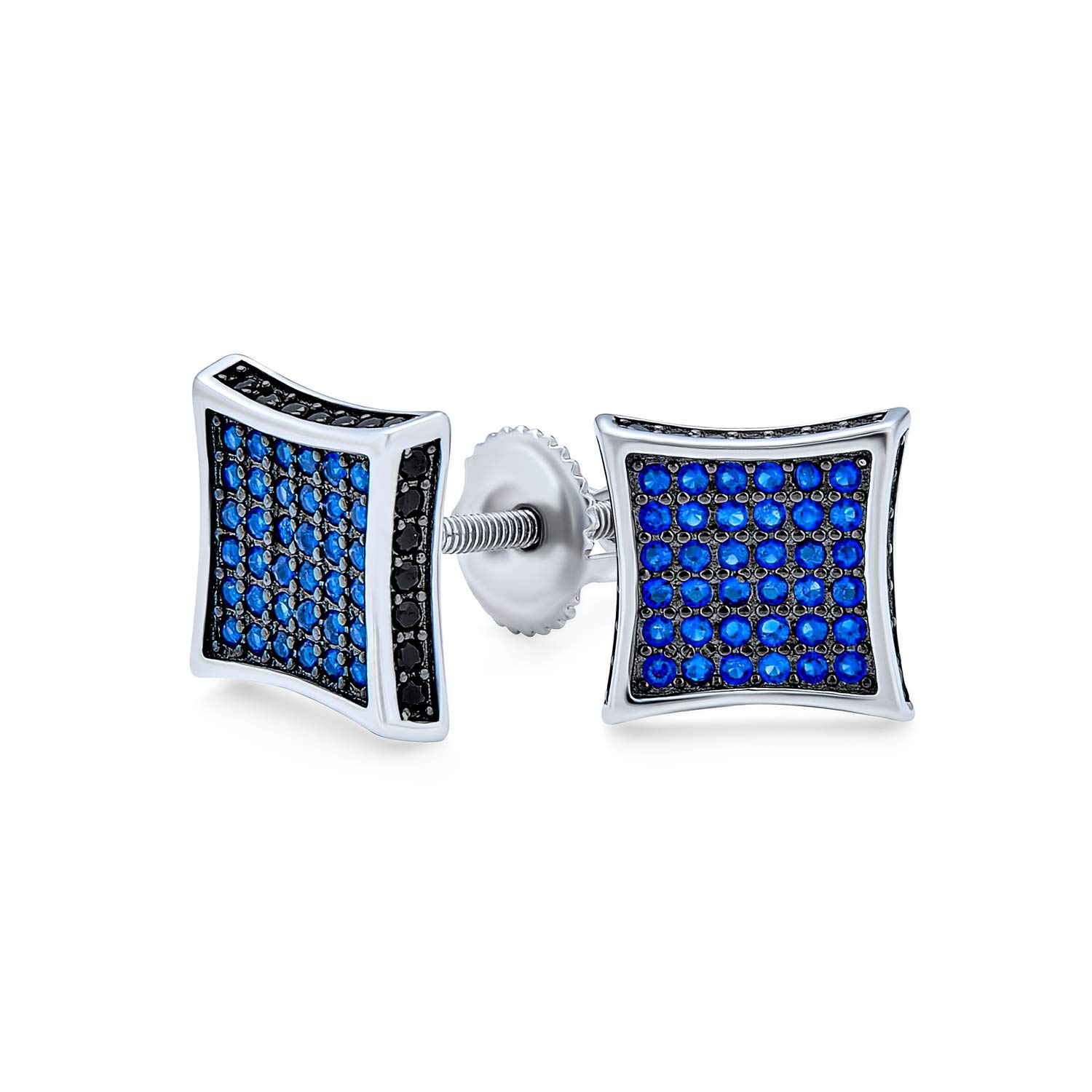Black Blue Cubic Zirconia Micro Pave CZ Square Stud Earrings For Men Simulated Sapphire Sterling Silver Screw back 9MM — image 1