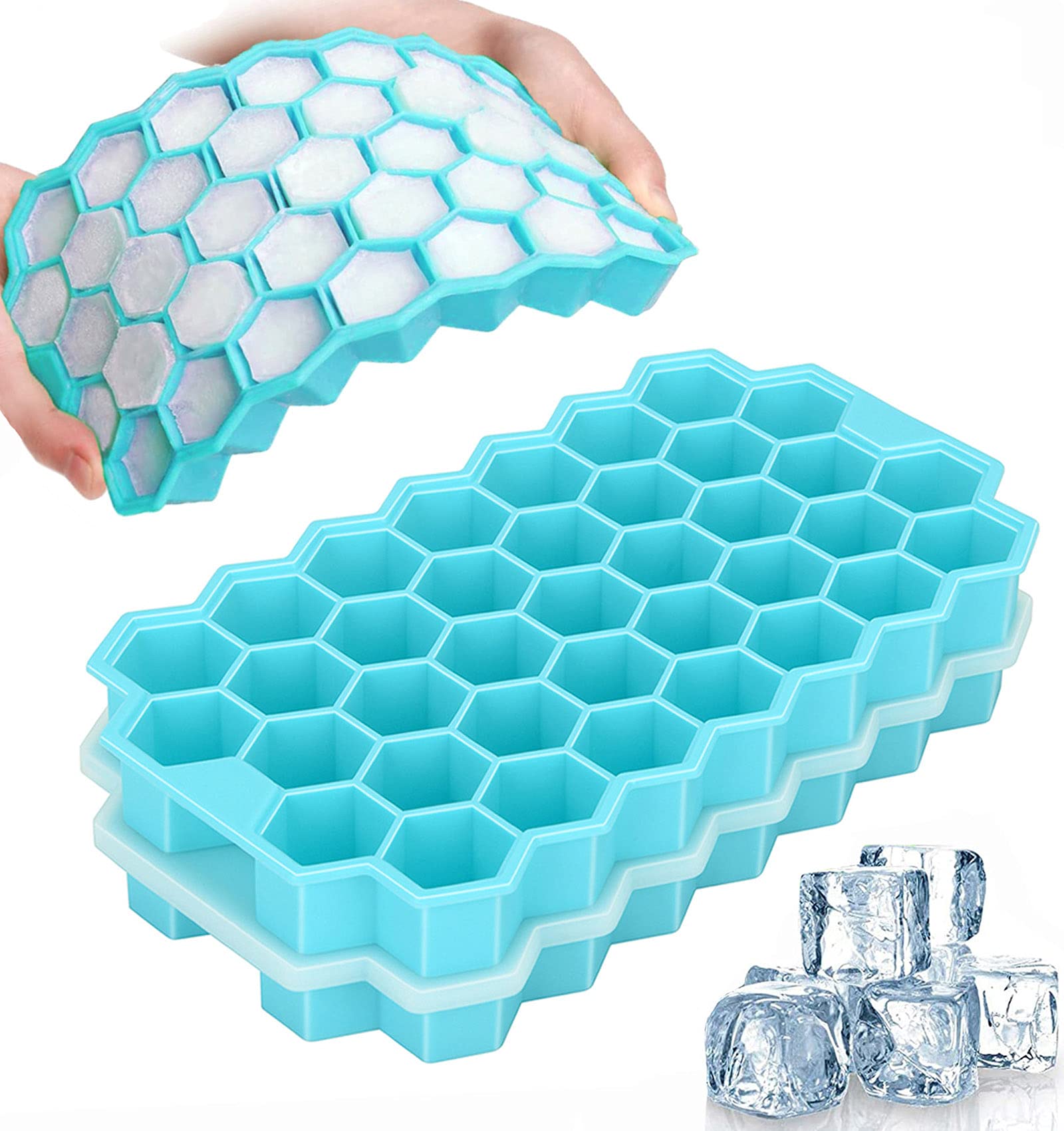 Ice Cube Trays, 2 Pack Silicone Flexible Ice Cube Trays with Lid, 74 Cubes Ice Trays for Chilled Drinks, Whiskey & Cocktails, Stackable Flexible Safe Ice Cube Trays