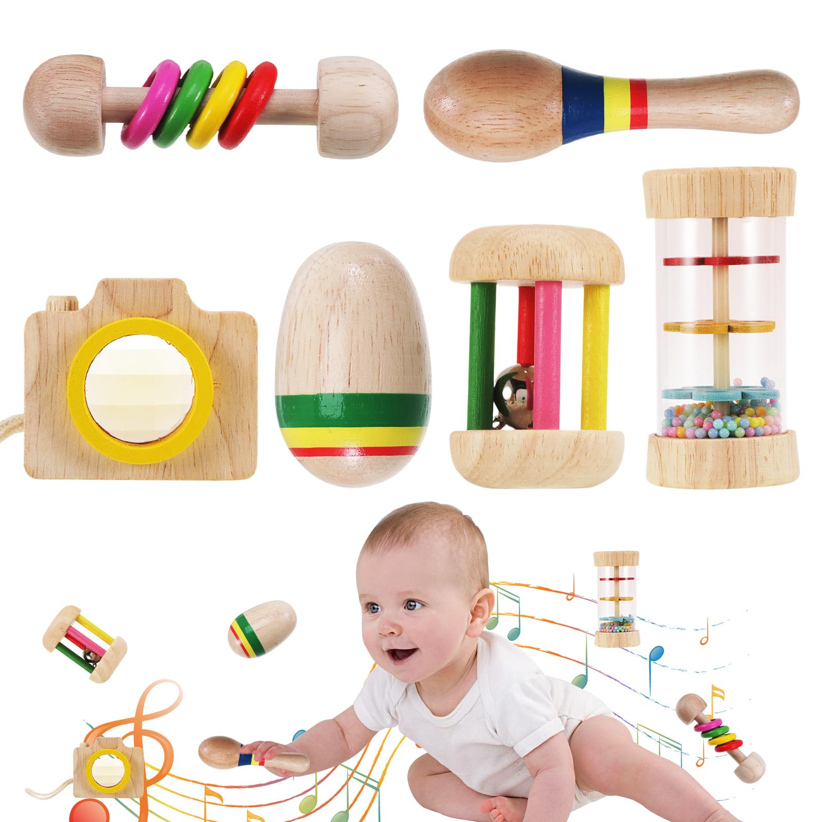 ueslwser 6Pcs Wooden Montessori Toys, Wooden Baby Toy, 6-12-24 Month Old Baby Rattle Maracas Learning Musical Instruments, Toddler Sensory Toy for 1 2 3 Year Old Baby Boy Girl
