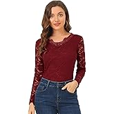 Allegra K Women's Floral Embroidery Sheer Long Sleeves Lace Blouse Top