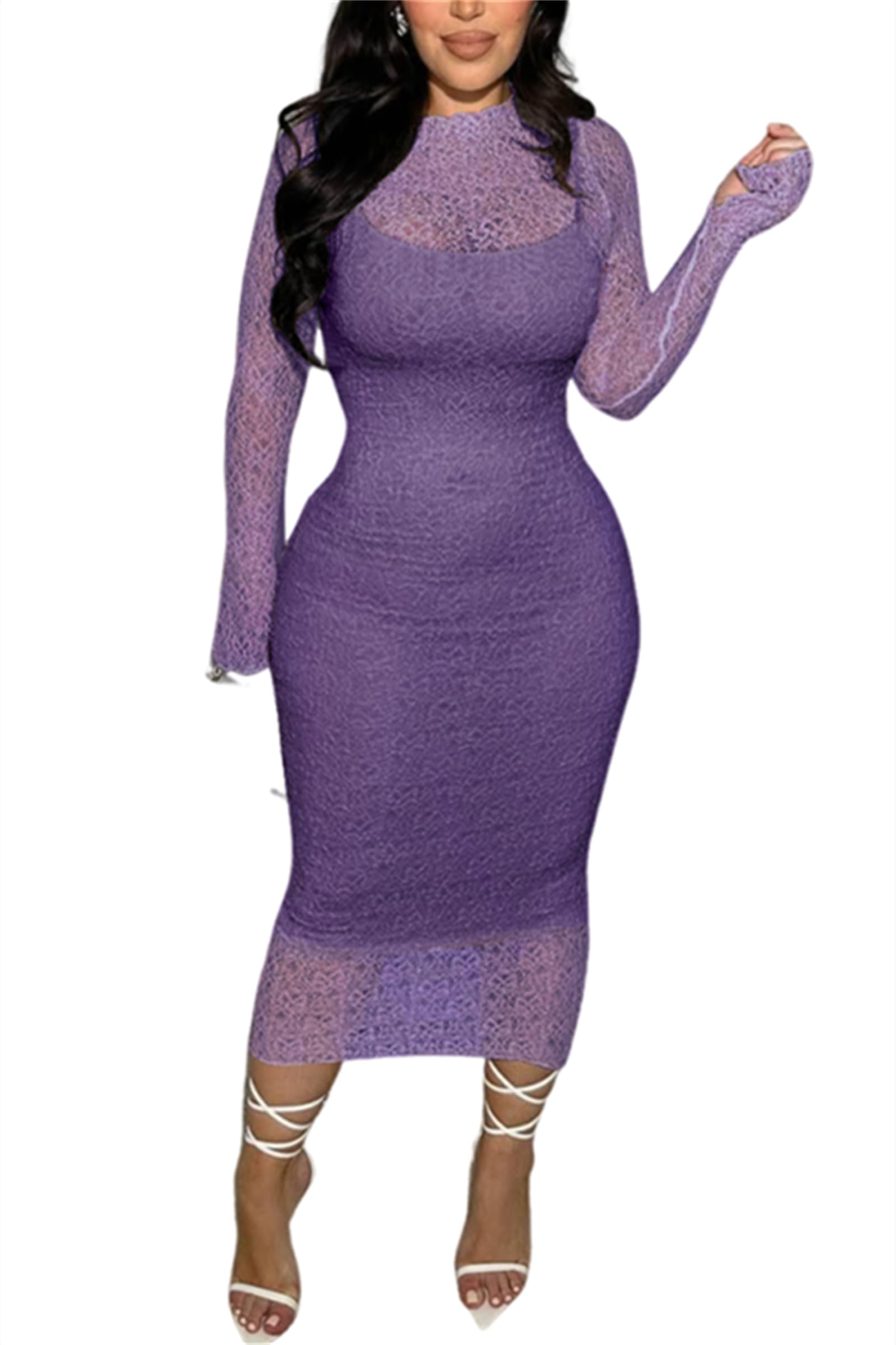 Photo 1 of CALEBGAR Women's Elegant Bodycon Midi Dress Lace Sheer Mesh Long Sleeve Slim Fit Long Dress Party Cocktail Wedding Guest Dress Purple