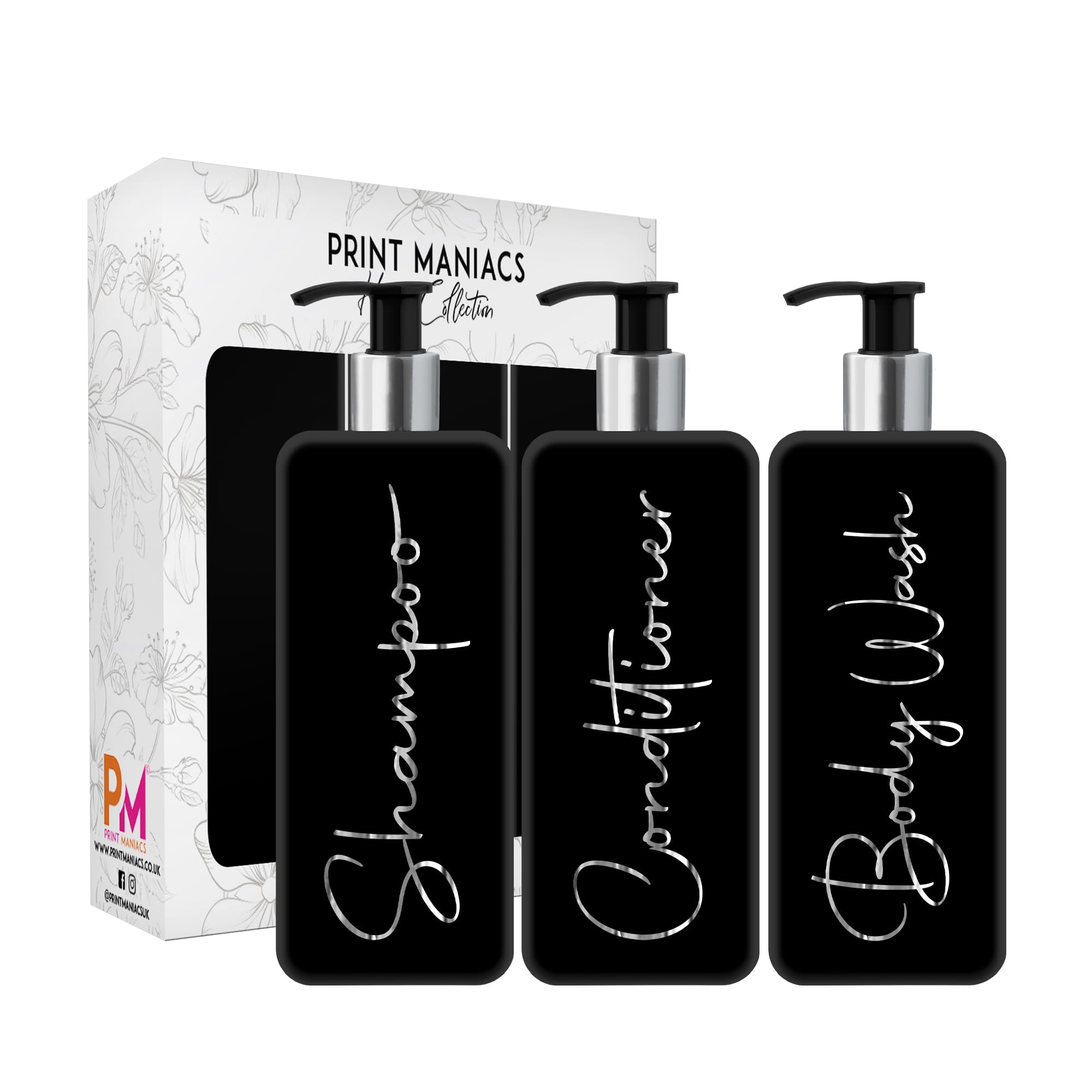 Print ManiacsMrs Hinch Inspired Signature Black 500ml Square Reusable Dispenser Bottle Silver Pump Personalised Bathroom Storage Toiletries Set F2 (Silver, Shamp, Con, Body Wash)
