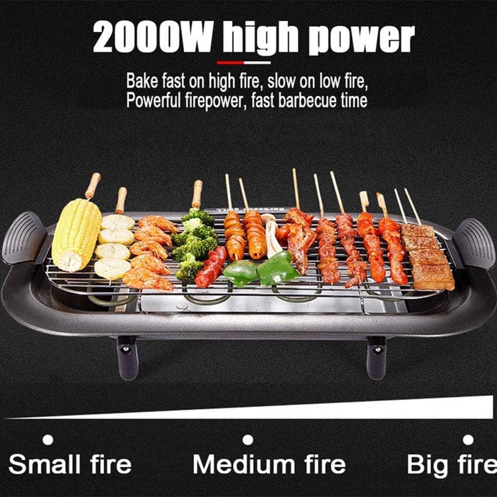 review Smokeless Grill Electric, Adjustable Heat Control with Drip Tray, with Removable Grill, 2000W, for Camping Indoor Outdoor. Black, Cooking Surface 63X33cm