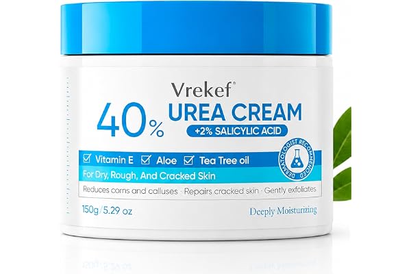 VREKEF Urea Cream 40 Percent with 2% Salicylic Acid, Urea Cream 40 Percent for Feet Maximum Strength, Foot & Hand Cream for Dry Cracked Heels, Callus Softener for Rough Thick Skin, 5.29 oz