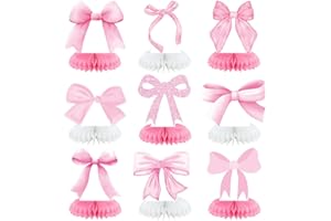 KMCCUMBER Pink Bow Party Honeycomb Centerpieces Decorations, 9Pcs Coquette Birthday Decorations, Pink Bow decorations for Birthday Bachelorette Bridal Party Decor