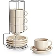 Sweese 2.5 Ounce Porcelain Stackable Espresso Cups with Saucers and Metal Stand Set of 4, Beige