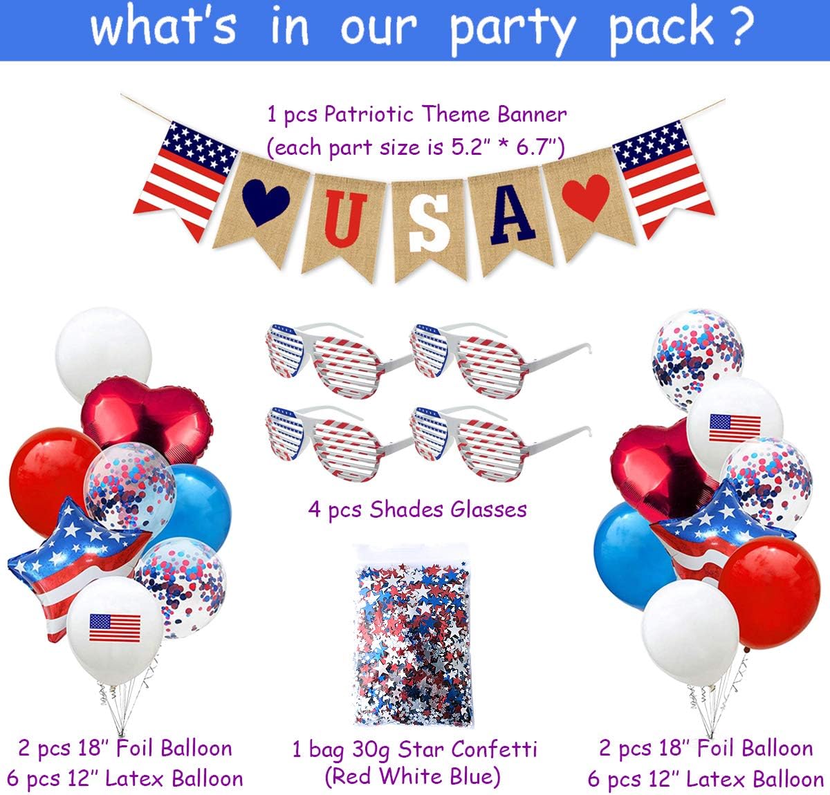 Patriotic Decorations - American Flag Party Supplies, 45 pcs Patriotic Party Supplies Including Paper Fans, Banner, Shades Glasses, Balloons, Star Confetti, Hanging Swirl: Toys & Games