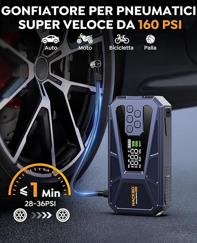 Booster Avviamento Auto, 8000A Avviatore Batteria Auto con Compressore 160PSI(Fino 12.0L Diesel/ALL Gas), Starter Batteria Auto Al Litio 12V, Avviatore Emergenza Per Auto con Torcia a LED, LCD