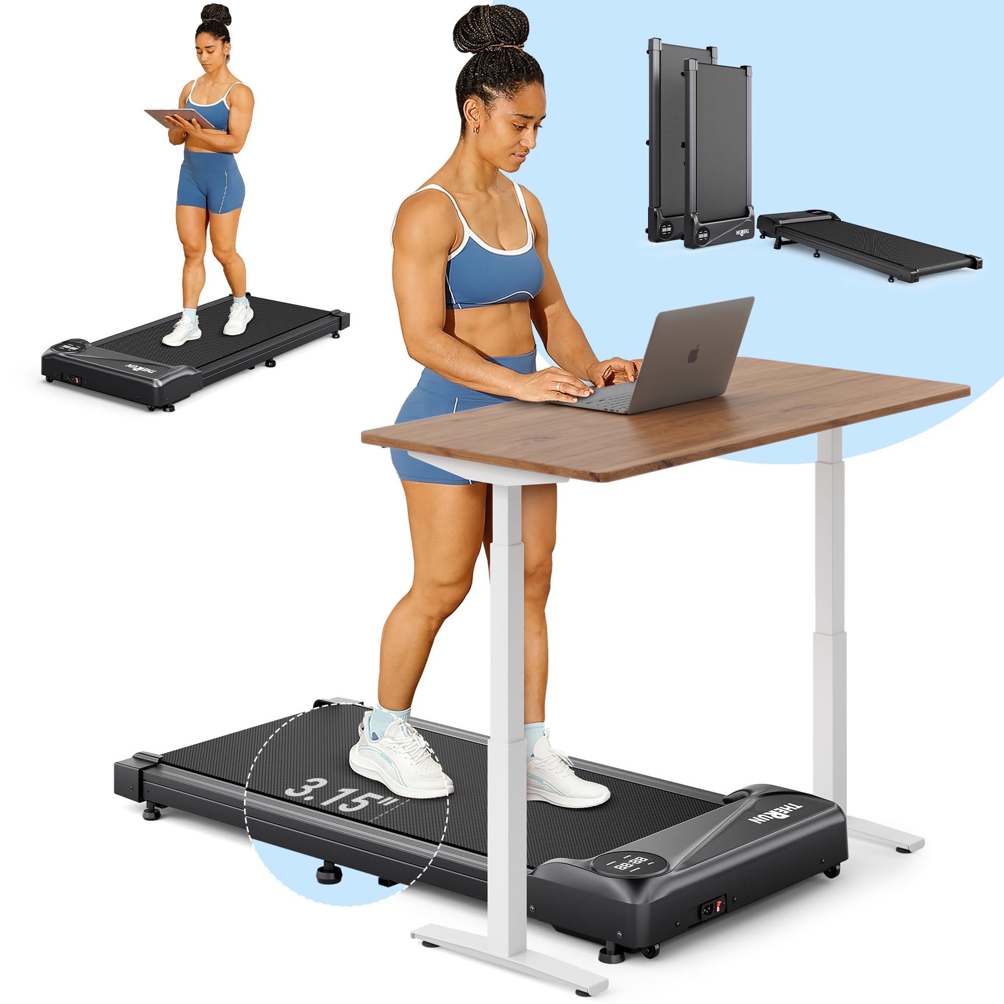 Photo 1 of THERUN Walking Pad Treadmill Under Desk, Portable Mini Treadmill for Home/Office, Walking Pad Machine with 2.5HP and 265 lbs Weight Capacity Remote Control LED Display