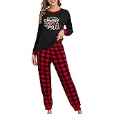 HQP Christmas Pajamas for women Merry and Bright Christmas Long Sleeve Pjs Sleepwear Lounge Set Plaid Pants Xmas Jammies
