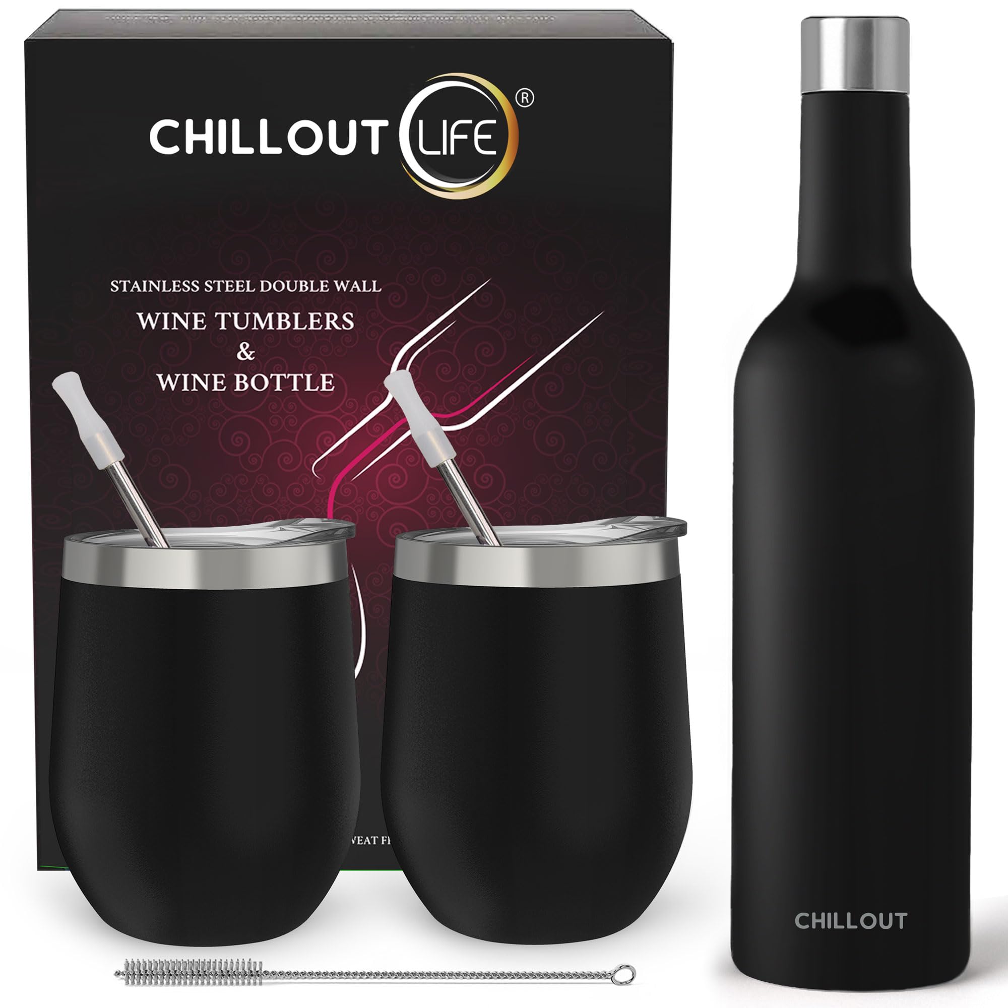 CHILLOUT LIFE Stainless Steel Wine Tumblers 2 Pack 12 oz & 1 Insulated Wine Bottle - Double Wall Vacuum Insulated Wine Cups with Lids and Straws Set - Black
