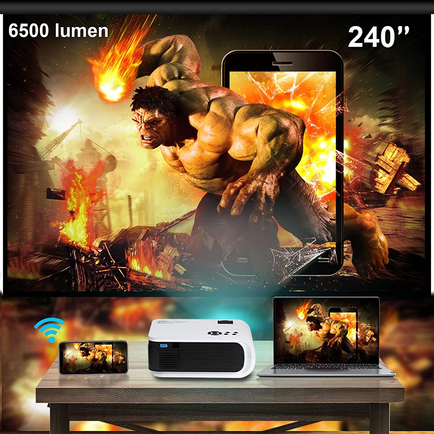 JIFAR HD Projector with WiFi and Bluetooth, 5G WiFi Native 1080P 12000L Outdoor Projector Support 4K 450