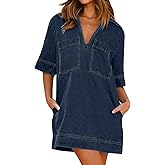 CHARTOU Women Loose Denim Dress Short Sleeve Casual Summer Dress Turn Down Pullover Vintage Tunic Jean Dress
