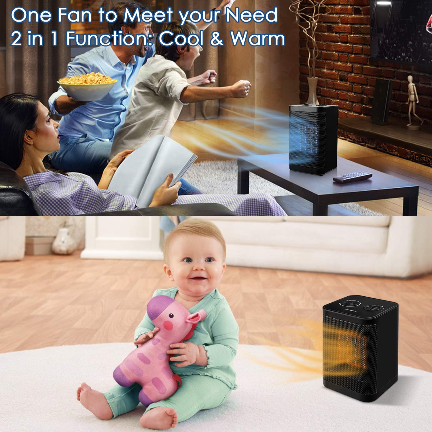 Portable Indoor Electric Space Heater- 3 Settings(1500/750W), Adjustable Thermostat with PTC Ceramic Heating Element, Tip-Over and Overheat Protection, for Office, Home