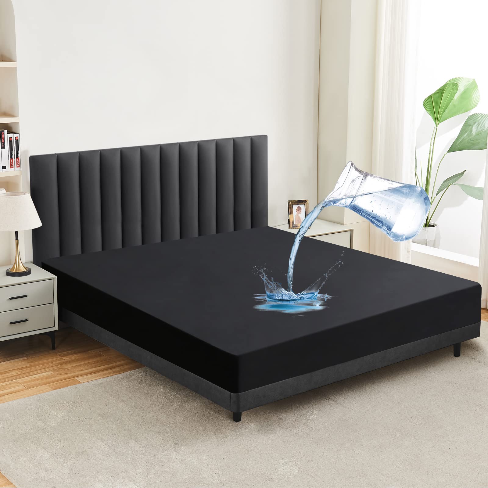 mafudoxi Waterproof Mattress Protector 200 x 200 cm Fitted Sheet, Breathable Mattress Topper Bed Sheet, High-Quality Fitted Sheets, Incontinence Underlay, Washable at 60°C, Black