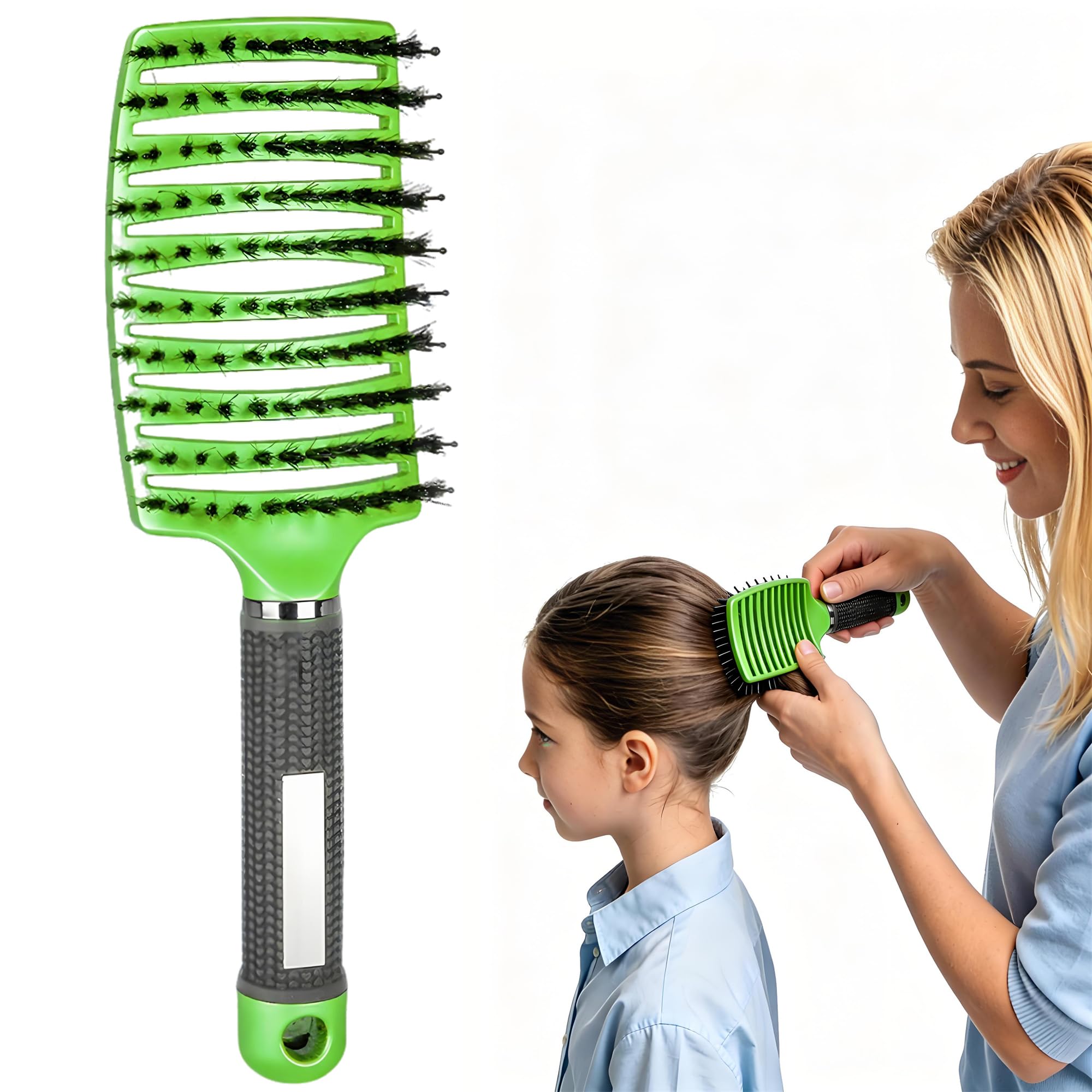 Pop Magic Detangling Hair Brush for Women and Kids, Boar Bristle Paddle Brush for Blow Drying, Wet Hair, Long, Thick, Curly, Afro Hair (Green)