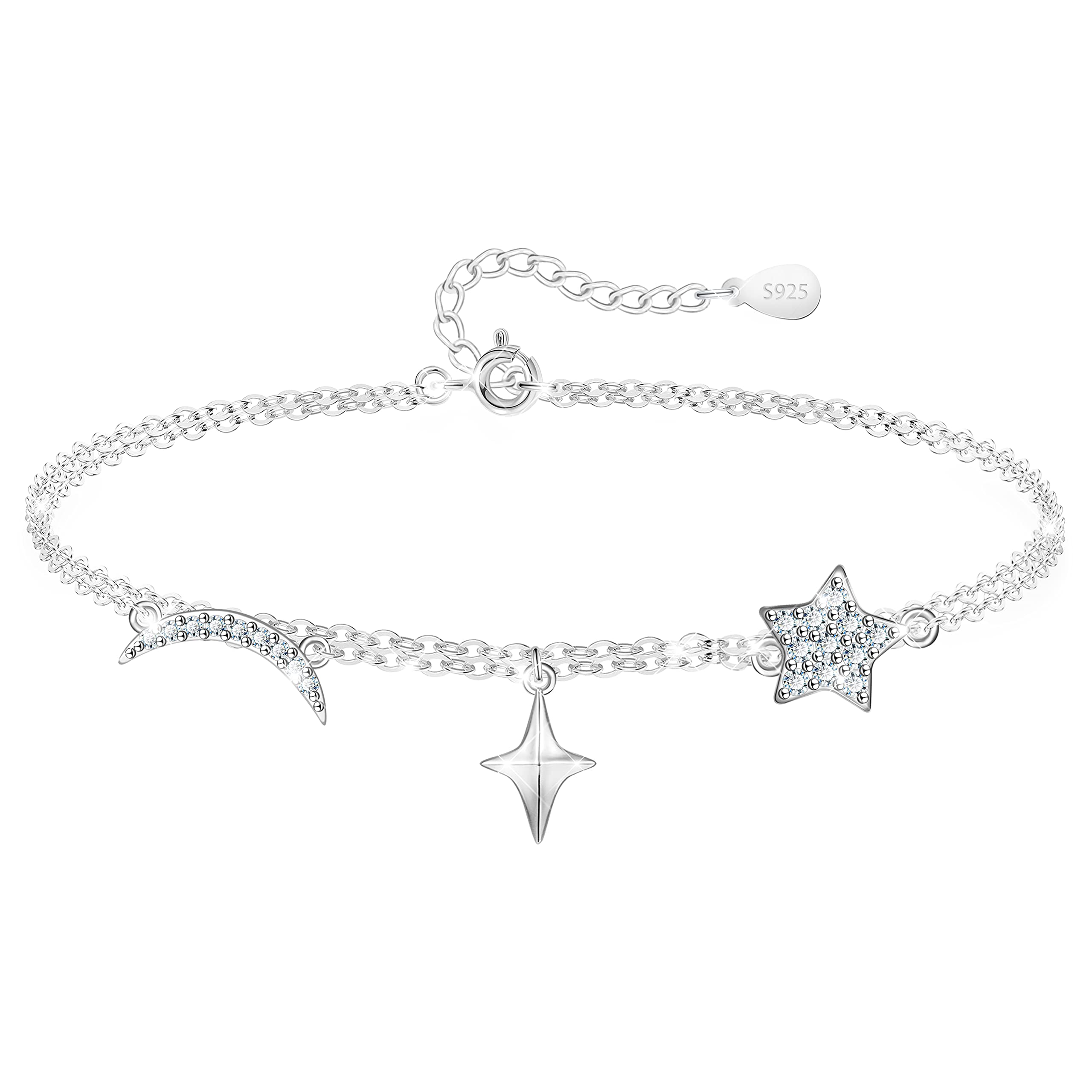 KristLand Moon Star Bracelet 925 Sterling Silver Bracelet Chain Adjustable Silver Bracelet with Cubic Zirconia Party Birthday Gifts for Women Ladies Girls