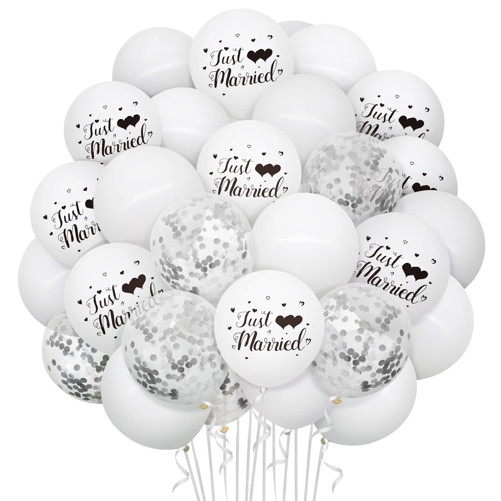 Bealif 30pcs Just Married Wedding Decoration Set, 12inch Just Married Balloons with Sliver Confetti Latex Balloons White Silver Decoration for Wedding, Bridal Shower, Engagement Party Supplies