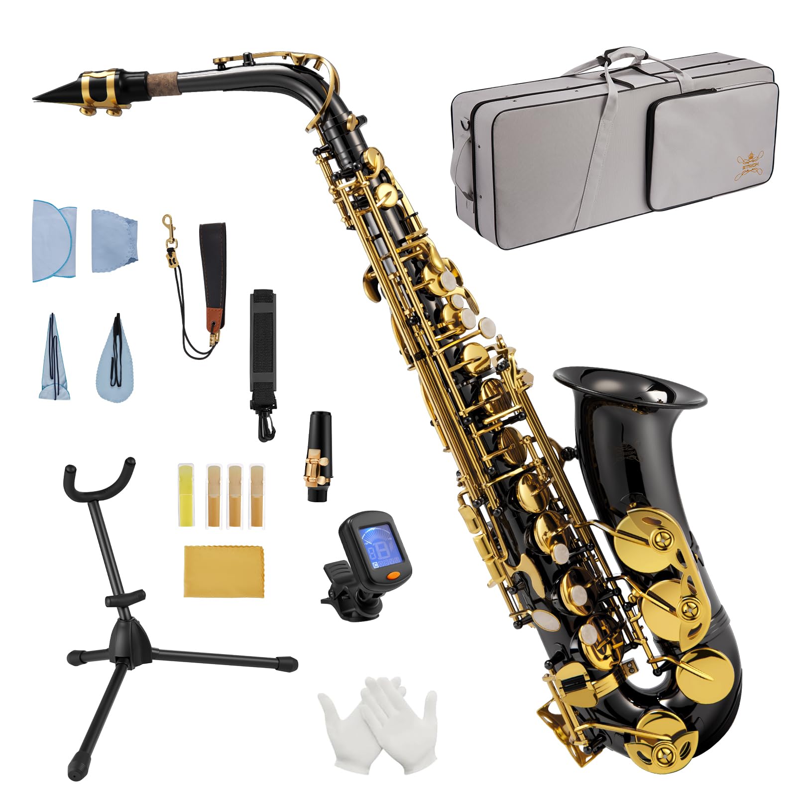 STRICH Eb-Altsaxophon – Einsteiger-Set für Altsaxophon mit Hartschalenkoffer, Ständer, Tragegurt, Mundstück und Blättern für Schulorchester und das Üben zu Hause, SSA-31B, schwarz