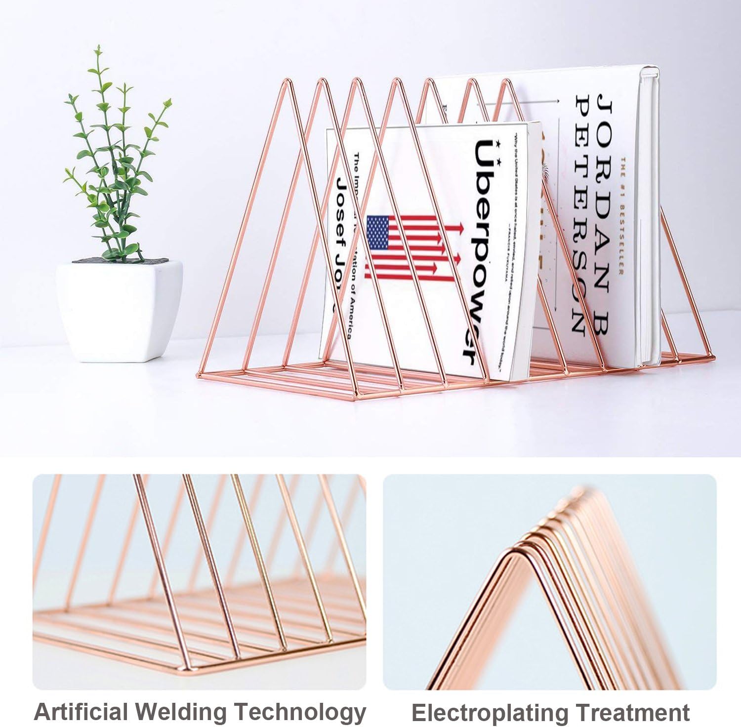 Reliancer File Organizer Triangle Iron Desktop Storage Book Rack Bookshelf Copper Magazine Newspaper Holder Art Desktop Organizer Wire Collection 9 Section for Office Home Decoration(Rose Gold): Home Improvement