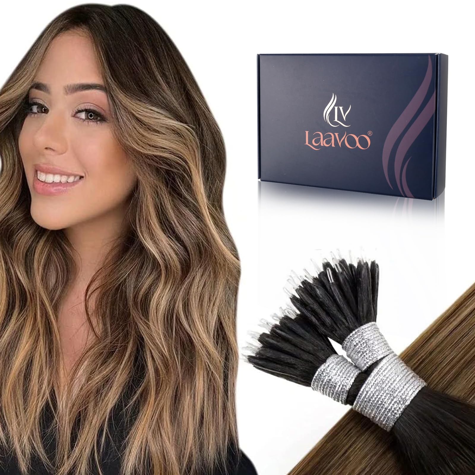 LaaVoo Nano Hair Extensions Real Human Hair Darkest Brown Nano Beads Hair Extensions 16 Inch Balayage Brown to Medium Blonde Invisible Nano Ring Straight Remy Hair 50g 50s #2/6/18 — image 1