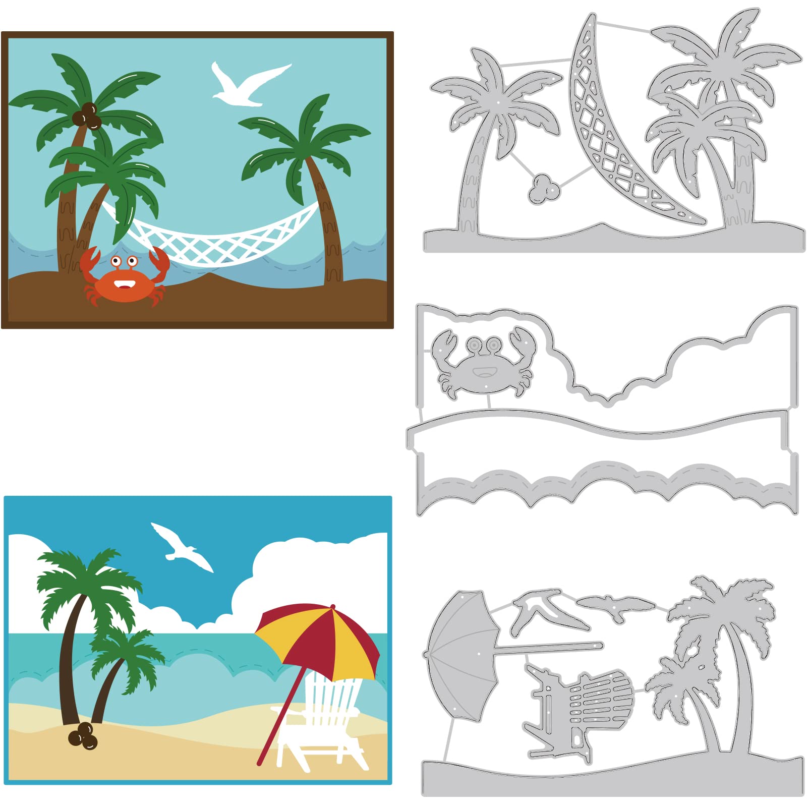 BENECREAT 3 Styles Ocean Theme Die Cuts for Card Making, Coconut Tree Beach Vacation Ocean Crab Carbon Steel Embossing Stencils Templates for Scrapbooking, Album Photo, Card Making