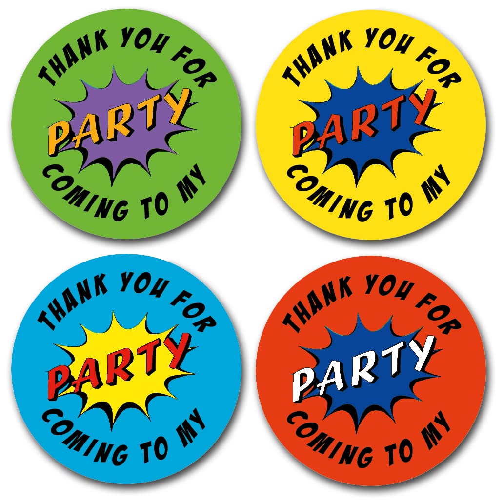 (Pack of 48) Comic Book/Superhero Thank You for Coming to My Party Round Stickers for Party Bags & Sweet Cones