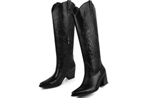 DANAZANA Wide Calf Cowgirl Boots For Women Knee High Cowboy Boots Pointed Toe Chunky Heel Boot Ladies Western Boots With Classic Embroidery and Side Zipper Classic Retro Country Boots For Lady Size 6-11