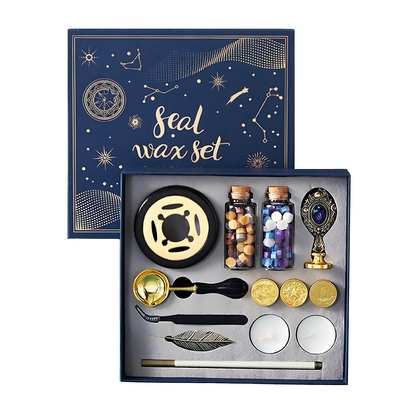 Wax Seal Stamp kit with Gift Box,4 Personalised Wax Stamp Heads Handle Removable for Envelope Invitation Embellishment Wine Packages Gift Decoration