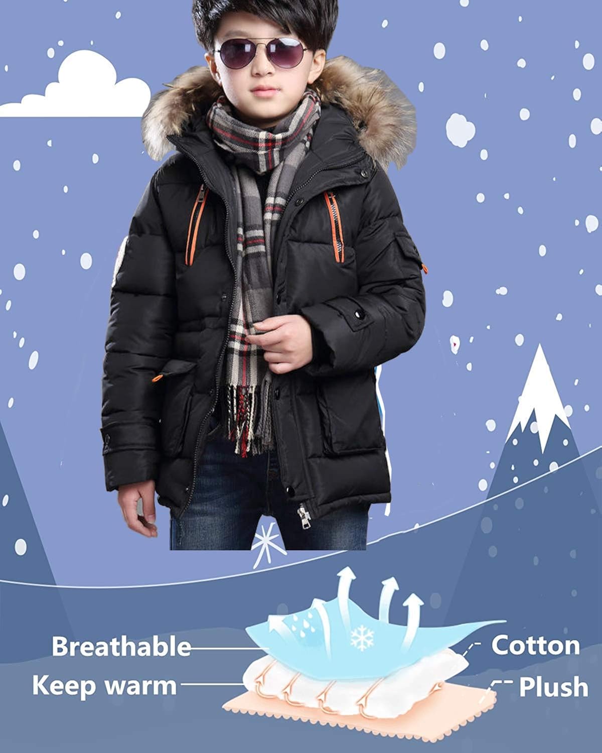FARVALUE Boy Winter Coat Warm Quilted Puffer Water Resistant Parka Jacket with Detachable Fur Hood for Big Boys: Clothing