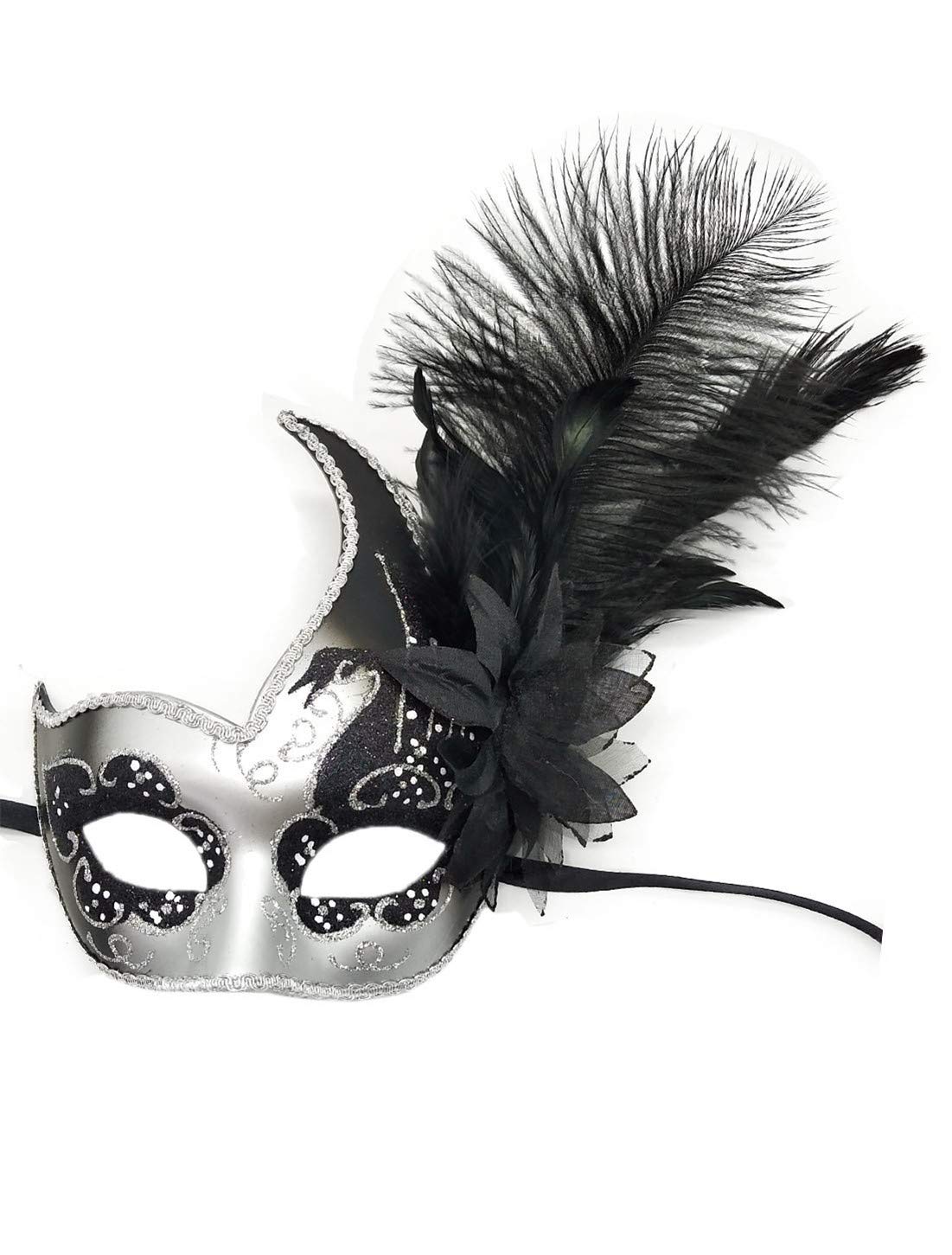 Coolwife Costume Mask Feather Masquerade Mask Halloween Mardi Gras Cosplay Party Masque (Silver Black)