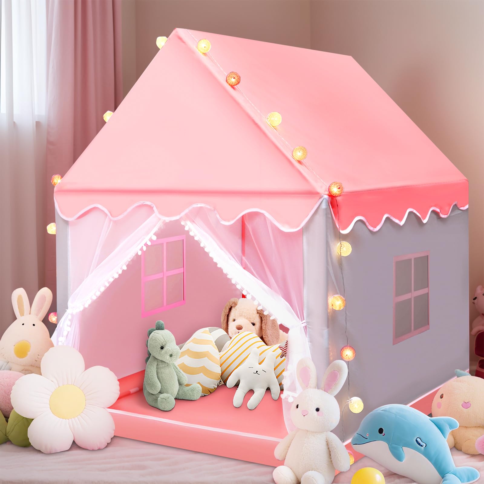 Neulriscn Princess Tent for Girls, Play Tent with Lights, Kids Play Tents, Children Playhouse Indoor Outdoor Toy for Toddlers, Castle Fairy Tents with Windows, House Gift for Boys & Girls, Pink