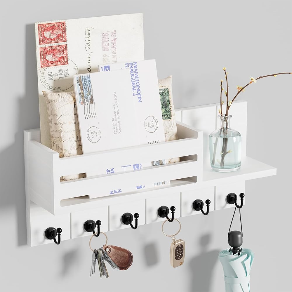 SWTYMIKI Key Holder Wall Mounted with Shelf Mail Organizer 6 Hooks