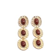 Chunky Gold Statement Earrings,Large Oval Dangle Earrings for Women,Vintage Oval Mixed Metal Earrings