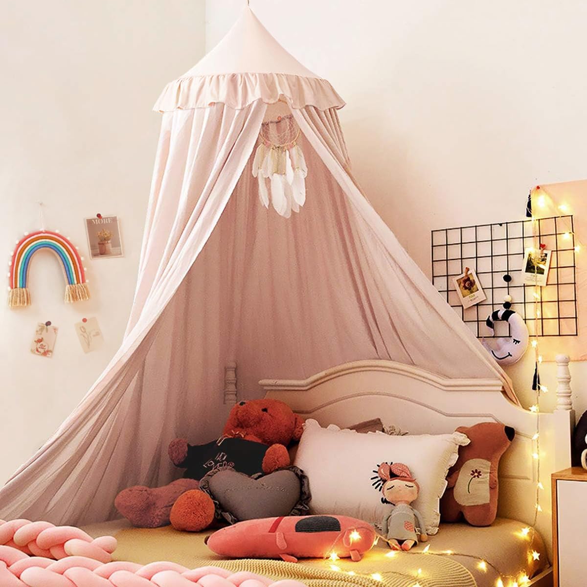 Photo 1 of Kertnic Decor Canopy for Kids Bed, Soft Smooth Playing Tent Canopy Girls Room Decoration Princess Castle, Dreamy Mosquito Net Bedding, Children Reading Nook Canopies in Home (Pink-Ruffle)