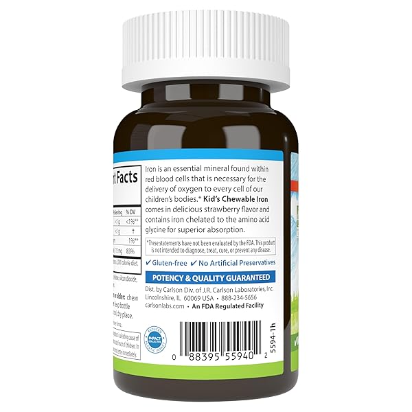 CARLSON – KID’S CHEWABLE IRON, 15 MG, SUPERIOR ABSORPTION, BLOOD HEALTH, ENERGY PRODUCTION & OPTIMAL WELLNESS, NATURAL STRAWBERRY FLAVOR, 60 TABLETS