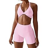 ABOCIW Workout Sets for Women 2 Piece Twist Front Halter Sports Bras High Waist Biker Shorts Exercise Gym Yoga Outfit