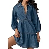 OFSOAK Women Denim Mini Dress 2026 Summer Casual 3/4 Puff Sleeve Button Down Collared Babydoll Loose Jean Shirt Dresses