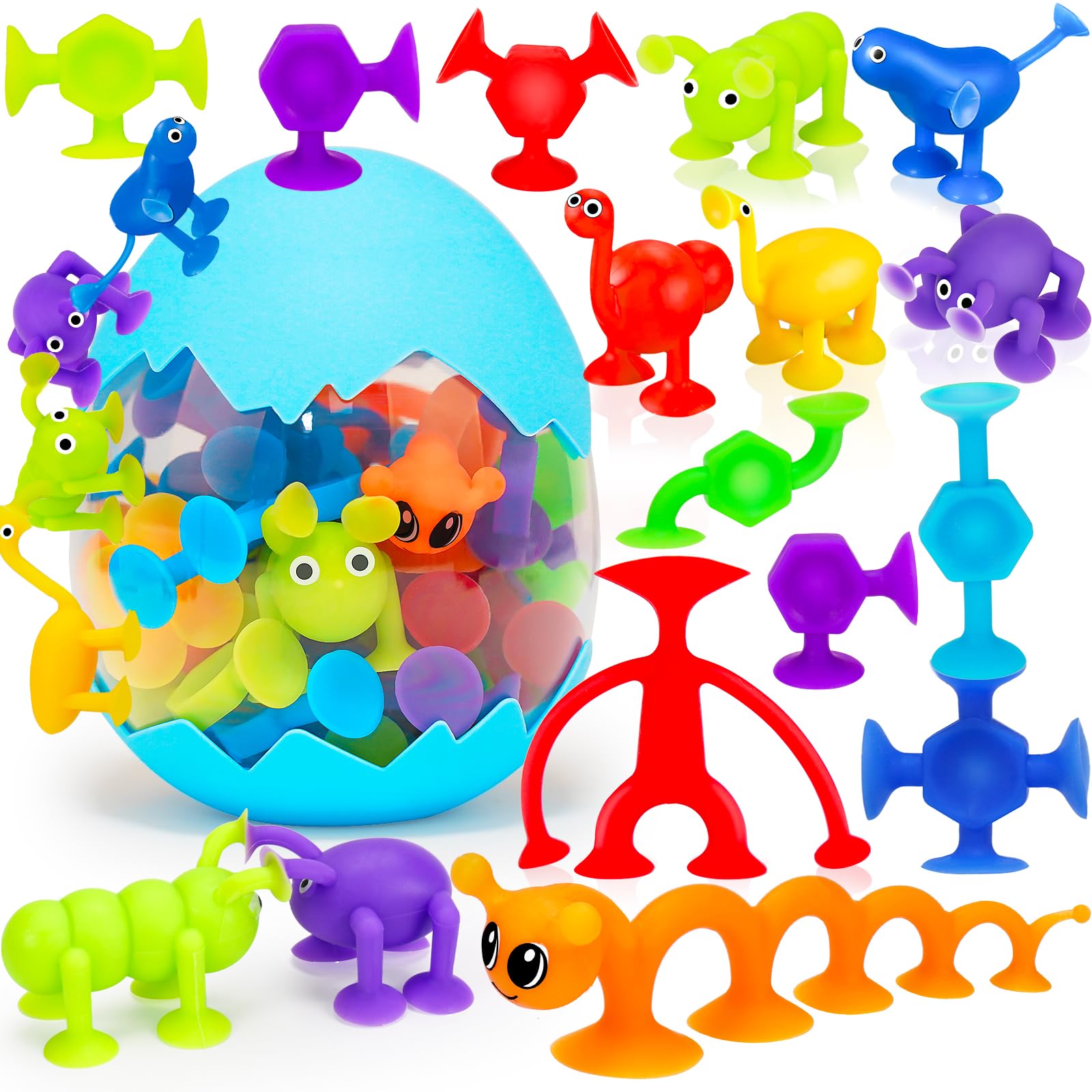 Photo 1 of 32 PCS Toddler Suction Cup Toys Kids Bath Toy 3-5 Halloween Party Favor Goody Prize Filler Stuffer Gift for 3 4 5 6 Year Old Boy Girl Travel Sensory Fidget Window Water Table Toy with Eggshell Storage