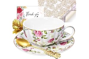Porcelain Tea Cups and Saucers Set,Coffee Cup,Fine Bone China,Floral,Vintage,Flower Pattern,with Gold Trim,Spoon,Handle,Antiq