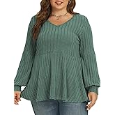 VOGRACE Plus-Size-Tops-for-Women Dressy V Neck Lantern Long Sleeve Shirts Casual Oversized Tunics Knit Pullover Sweaters