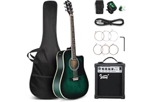GLARRY Full Size 6 Strings Acoustic Electric Guitar Beginner Kit w/ 15W Amp, Cutaway 41 Inch Electric Acoustic Guitar w/Inbuilt Tuner, Bag, Strap, Picks, Strings, Basswood Guitarra, Distressed Green